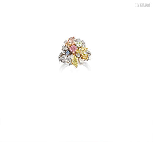 A Fancy Coloured Diamond, Coloured Diamond and Diamond Cluster Ring/Pendant