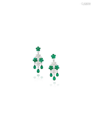 A Pair of Emerald and Diamond 'Cluster' Pendent Earrings, by Graff