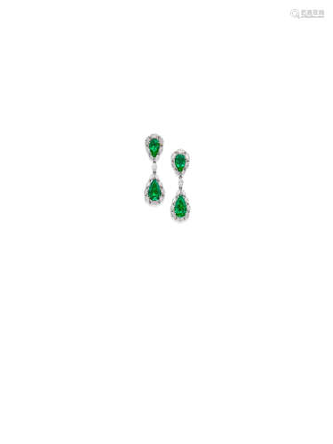 A Pair of Emerald and Diamond Pendent Earrings