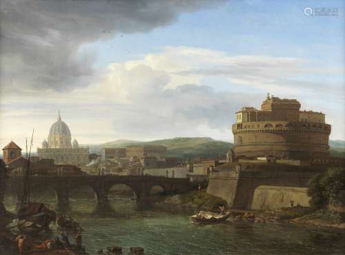 Isaac de Moucheron (Amsterdam 1667-1744) A view of the Tiber, Rome, with the Castel Sant'Angelo a...