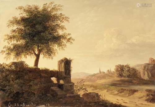Pierre Henri de Valenciennes (Toulouse 1750-1819 Paris) A rocky landscape at dusk with a shrine u...