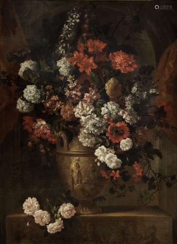 Pieter Casteels III (Antwerp 1684-1749 Richmond) Poppies, roses, lilies and other flowers in an u...