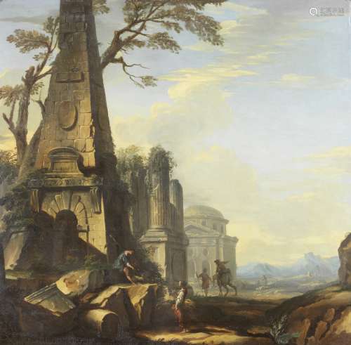 Jean Nicolas Servandoni (Florence 1695-1766 Paris) Figures before an obelisk, with ruins in the d...