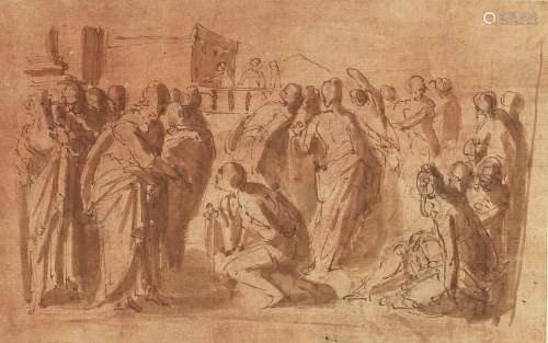Neapolitan School, circa 1600 A biblical scene with a figure kneeling before Christ