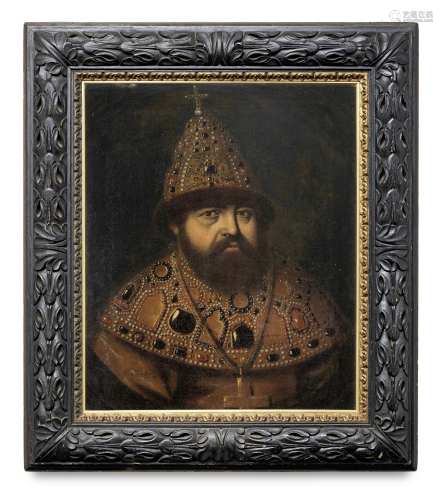 Russian School, 18th Century Portrait of Tsar Alexis I, bust-length, in bejewelled costume, withi...