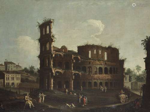 Veneto School, 18th Century A capriccio with figures before the Verona Arena