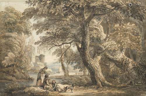 Paul Sandby R.A. (Nottingham 1730-1809 London) Wooded landscape with a riverside castle and a gro...