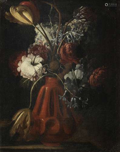 Andrea Belvedere (Naples 1642-1732) Tulips, roses and other flowers in a terracotta vase