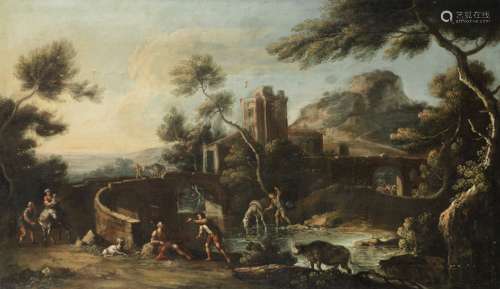 Nicola Viso (active Naples, circa 1630) A river landscape with drovers watering their cattle and ...