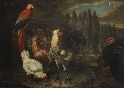 Follower of David de Coninck (Antwerp 1636-1699 Brussels) A Macaw, turkey, cockerel and hens in p...