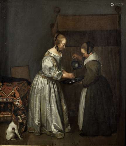 After Gerard Terborch, 18th Century An interior with a young lady washing her hands