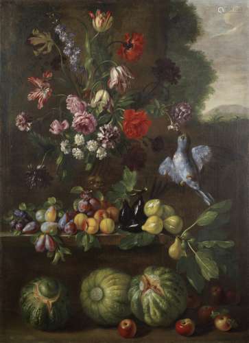 Giovanni Stanchi (Rome 1608-circa 1673) A vase of flowers with fruit on a stone ledge, a view to ...