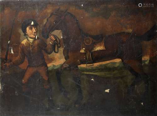 English Naive School, 19th Century A jockey with a horse in a landscape unframed