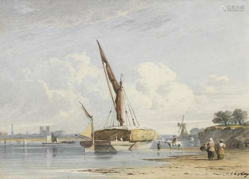 John Varley OWS (London 1778-1842) A hay barge on the Thames, Westminster Abbey in the distance (...