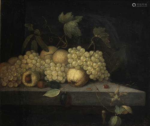 Follower of Johannes Bouman (Strasbourg 1601-1658 Utrecht) Pears and grapes with nuts on a stone ...