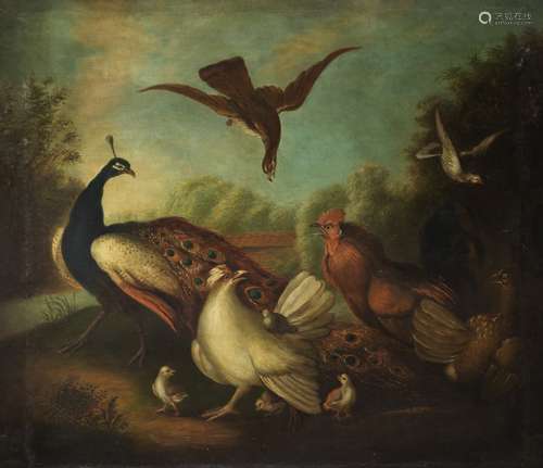 Manner of Marmaduke Craddock, 19th Century A peacock, hens and other birds in a landscape