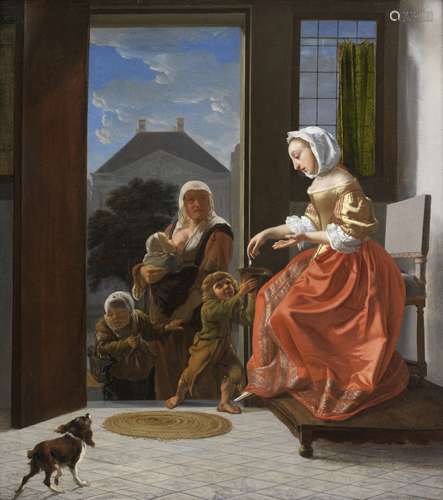 Attributed to Jacob Ochtervelt (Rotterdam 1634-1682 Amsterdam) An interior with a lady giving alm...