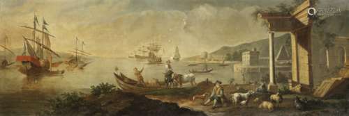 Italo-Flemish School, 18th Century A Mediterranean coastal view with a shepherd and his flock bef...