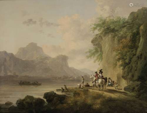 Julius Caesar Ibbetson (Fulneck 1759-1817 Masham) Langdale Pikes, with elegant travellers waiting...