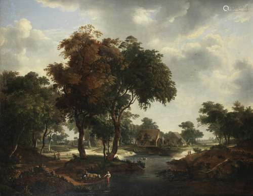 After Meindert Hobbema, 18th Century A river landscape with a watermill in the distance