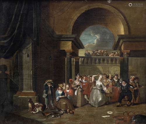 Circle of Pieter Angellis (Dunkirk 1685-1734 Rennes) A palace interior with figures feasting and ...