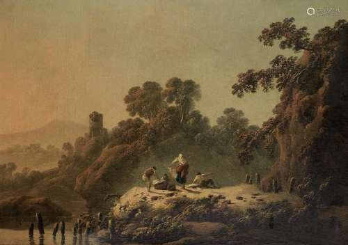 Jean-Baptiste Pillement (Lyon 1728-1808) Figures in a rocky river landscape