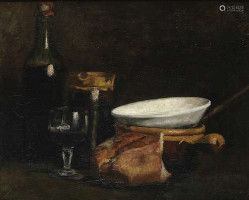 Attributed to Louise Aimée Ribot (active France, 19th Century) Still life with bread, bowls and a...