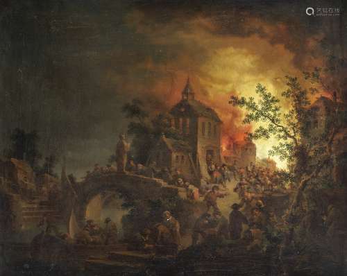 Johann Georg Trautmann (Zweibrücken 1713-1769 Frankfurt-am-Main) Figures fleeing a burning village