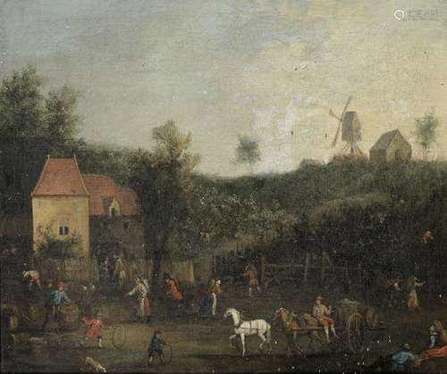 German School, 18th Century Harvesters before a farm cottage