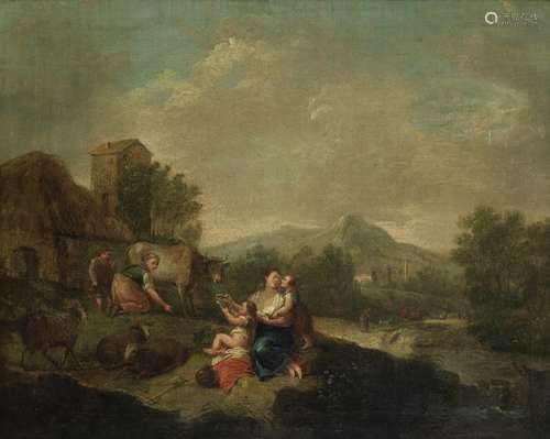 Circle of Francesco Zuccarelli (Pitigliano 1702-1788 Florence) A river landscape with figures res...