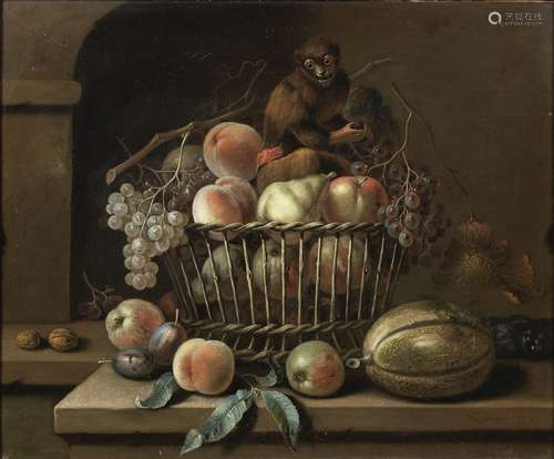 William Sartorius (active Britain, 1730-1740) Peaches, pears and grapes in a basket with a melon ...