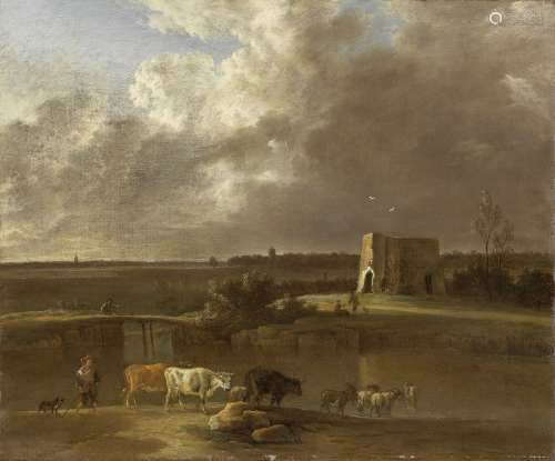 Attributed to Jan Vincentsz. van der Vinne (Haarlem 1663-1721) A drover with his flock crossing a...