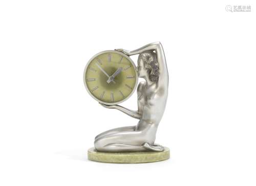 Josef Lorenzl (Austrian, 1892-1950) A Cold Painted Bronze and Green Onyx Figural Table Clock, cir...