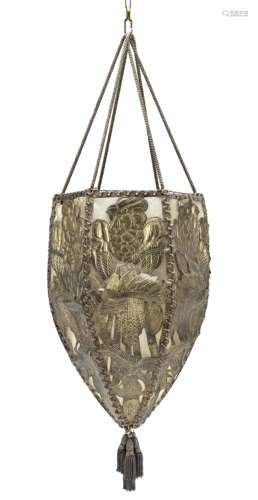 European A Pierced and Repoussé Six-Sided Brass and Early Plastic Pendant Light, circa 1920