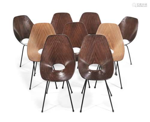 Vittorio Nobili (Italian, b.1935) for Fratelli Tagliabue Nine Plywood 'Medea' chairs, designed 1955