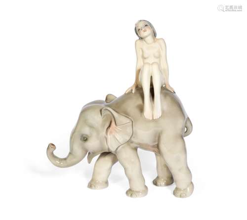 Elena König Scavini (Italian, 1886-1974) for Lenci 'NUDINO SU ELEFANTE': An Earthenware Figural G...