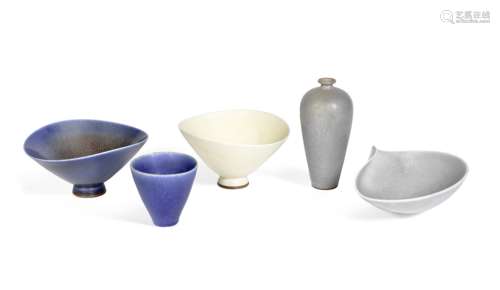 Berndt Freiberg (Swedish, 1899-1981) for Gustavsberg Studio Four Vases and a Dish, circa 1960