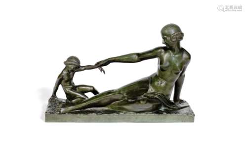 Marcel Bouraine (French, 1886-1948) 'Playtime': An Art Deco Patinated Bronze Figural Sculpture of...