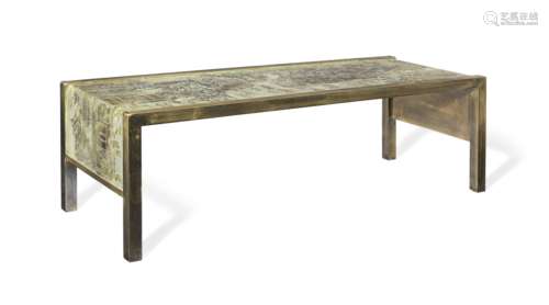 Phillip and Kelvin LaVerne (American) An Etched and Patinated Brass and Wood Coffee Table, circa ...