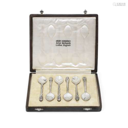 OMAR RAMSDEN: a cased set of six silver coffee spoons London 1938, one spoon unmarked