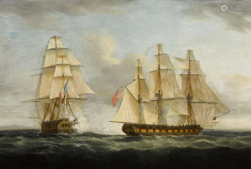 Thomas Whitcombe (British, circa 1752-1824) Action between Aigle & Sirene 24 x 36in (61 x 91.5cm)