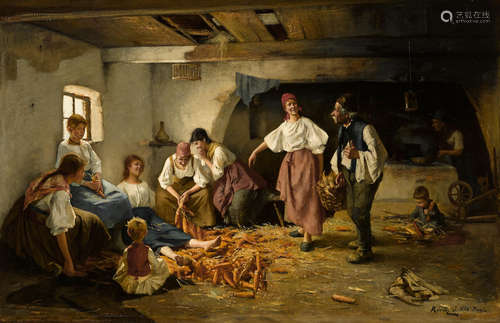 Imre Revesz (Hungarian, 1859-1945) A family gathered to husk the harvest 32 x 48 3/4in (81.3 x 123.8cm)