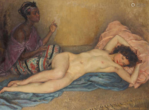 Paul-Emile Becat (French, 1885-1960) A reclining nude with an attendant 38 1/8 x 51 1/4in (96.8 x 130.2cm)