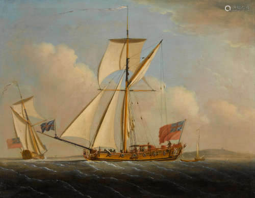 Peter Monamy (London 1681-1749) The English Royal Yacht Mary II off Shepley Isle 28 x 36in (71.2 x 91.4cm) (Painted circa 1720) The English Royal Yacht Mary II off Shepley Isle 28 x 36in (71.2 x 91.4cm)