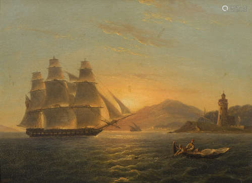 Thomas Luny (British, 1759-1837) The H.M.S. Pearl off the Faro Beacon, Messina 11 3/4 x 16in (29.9 x 40.7cm)