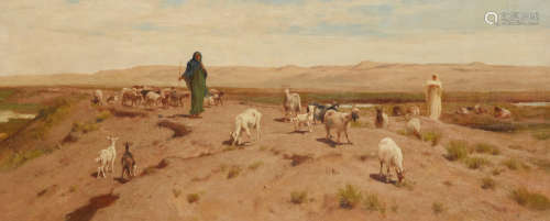 Frederick Goodall, RA (British, 1822-1904) Goat herders in the Egyptian desert 15 1/8 x 36 1/8in (38.4 x 91.8cm)