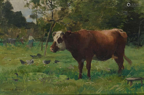 Julien Dupré (French, 1851-1910) A cow at pasture with a milkmaid in the distance 9 1/4 x 13 5/8in (23.5 x 34.7cm)