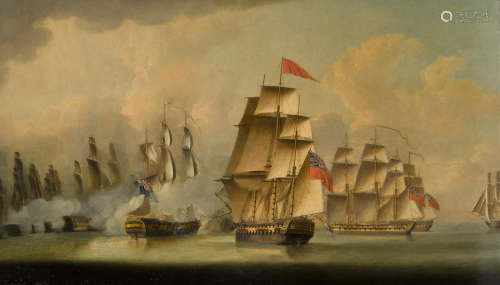 Robert Dodd (British, 1748-1816) The battle of Malacca Straits 32 3/4 x 57in (83.2 x 144.9cm)