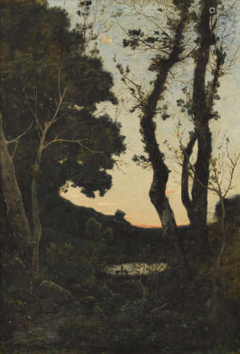 Henri Joseph Harpignies (French, 1819-1916) Le ruisseau sous coucher du soleil 21 1/4 x 14 3/4in (54 x 37.5cm)