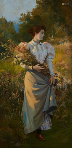 Basile Lemeunier (French, 1852-1922) Parisienne en promenade à la campagne 88 1/2 x 43 1/2in (224.8 x 110.5cm)